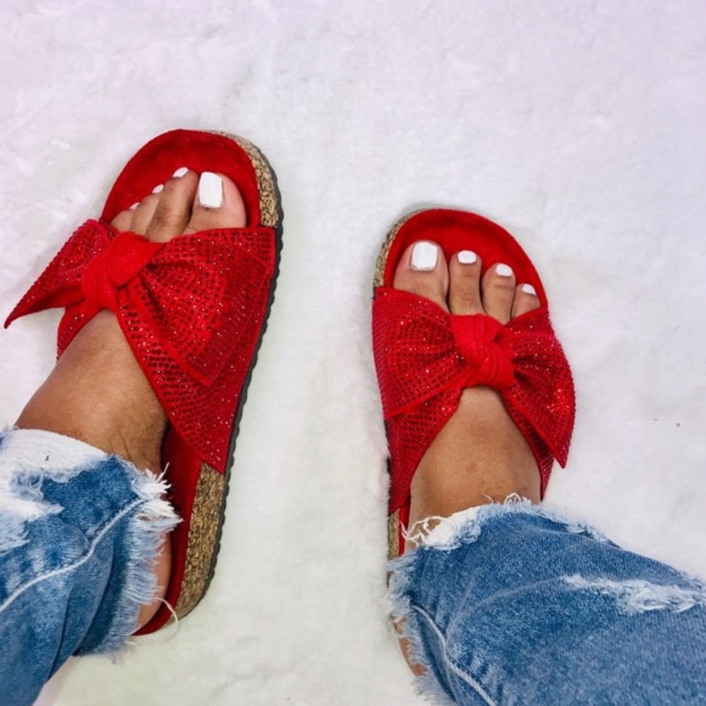 Size 6 Left!! Embellished Bow Cork Slides in Red - Picture 8 of 8